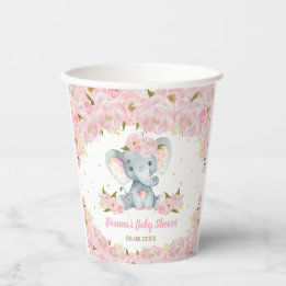 Gobelets En Papier Baby shower d'éléphant floral rose vif