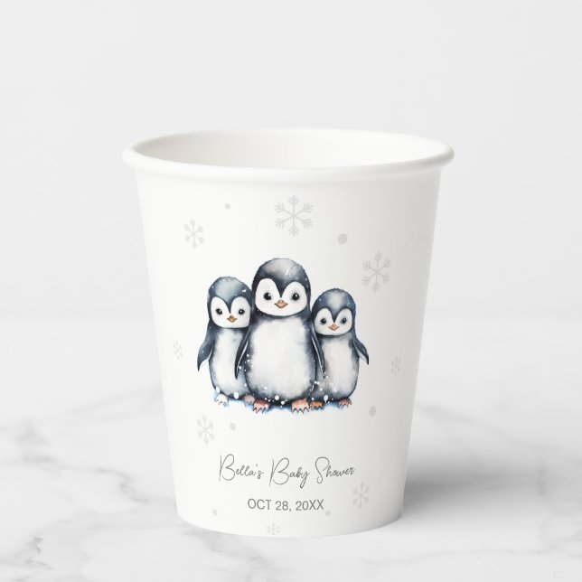 Gobelets En Papier Baby shower d'hiver de Pingouin mignon (Recto)
