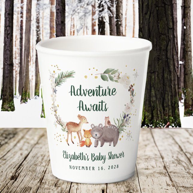 Gobelets En Papier Baby shower d'hiver sur les animaux des bois (Créateur téléchargé)