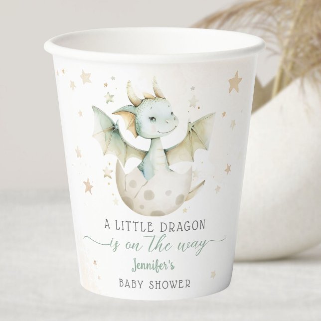 Gobelets En Papier Baby shower Dragon Cute Boy Coupes de papier vert (Créateur téléchargé)