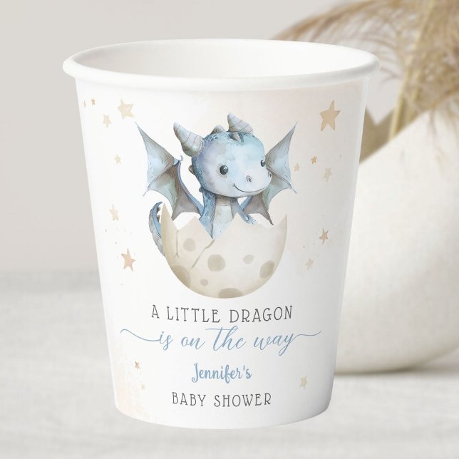 Gobelets En Papier Baby shower Dragon Cute Boy Coupes en papier bleu (Créateur téléchargé)