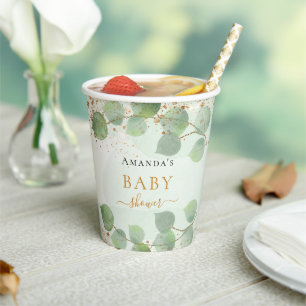 Gobelets En Papier Baby shower eucalyptus parties scintillant or mono