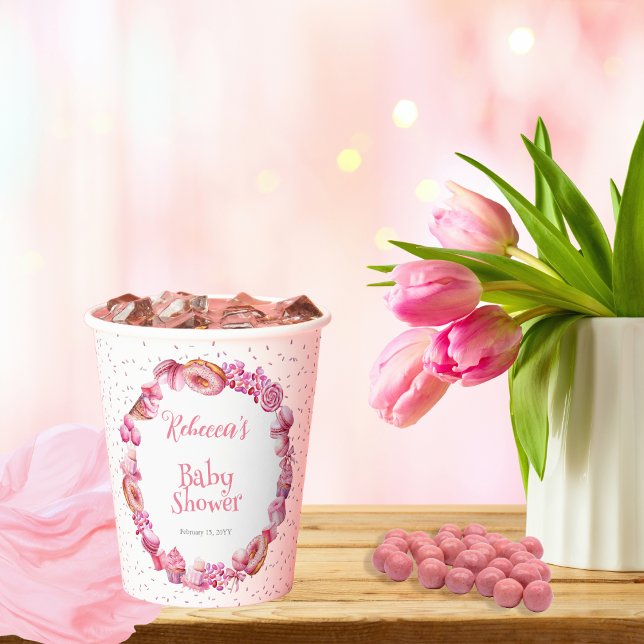 Gobelets En Papier Baby shower fille de cadre de bonbons rose (Pink Candy and Treats Frame Girl Baby Shower Paper Cups)