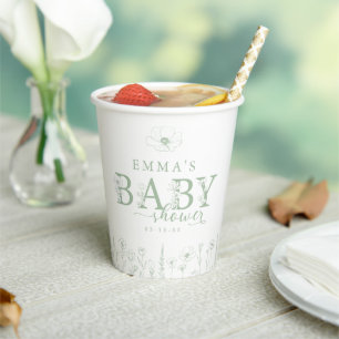 Gobelets En Papier Baby-Shower Fleur Sauvage Floral Vert Sauge