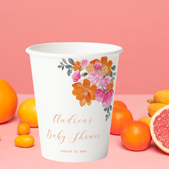 Gobelets En Papier Baby shower floral d'été rose orange vibre (Créateur téléchargé)