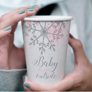 Gobelets En Papier Baby Shower Hiver Flocons de Neige Rose Argent