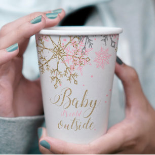 Gobelets En Papier Baby Shower Hiver Flocons de Neige Rose Or
