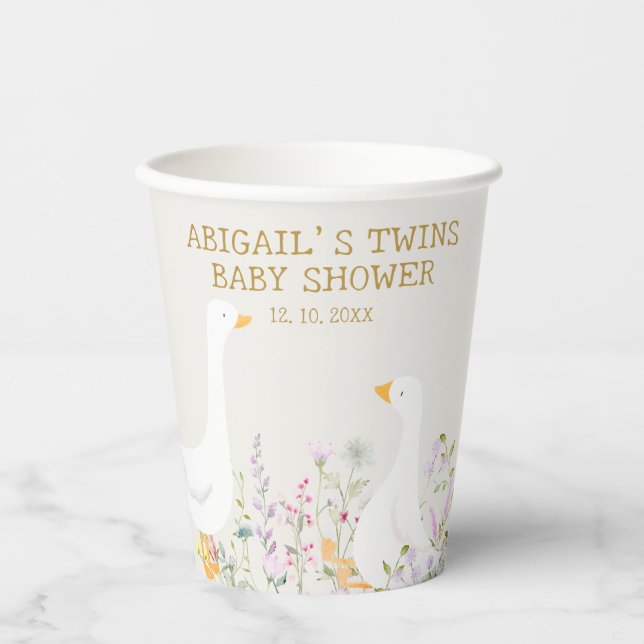 Gobelets En Papier Baby shower Jumeaux Fleur sauvage de l'oie d'aquar (Recto)