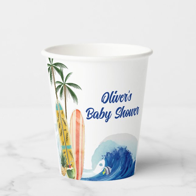 Gobelets En Papier Baby shower moderne Blue Ocean Wave Surboard (Recto)
