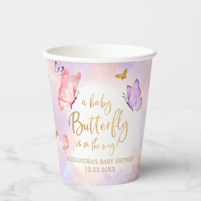Gobelets En Papier Baby shower papillon violet rose or (Recto)