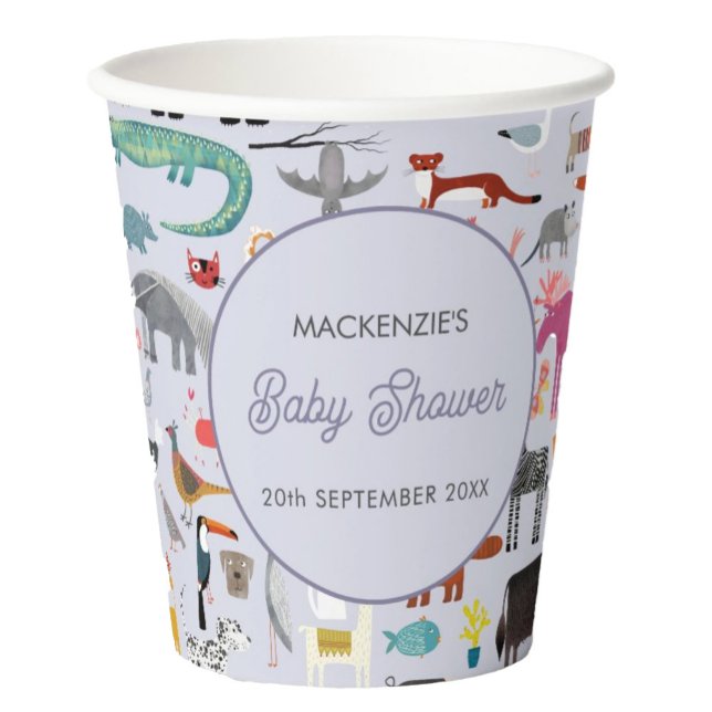 Gobelets En Papier Baby shower personnalisé animal amusant (Jungle, safari, zoo, wild and pet animals and bird design personalized baby shower paper cups)