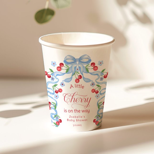 Gobelets En Papier Baby Shower Petit Nœud Bleu Cerise (Créateur téléchargé)