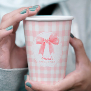 Gobelets En Papier Baby shower prépa avec un nœud rose et gingham
