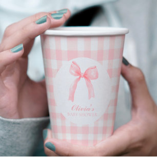Gobelets En Papier Baby shower prépa avec un nœud rose et gingham