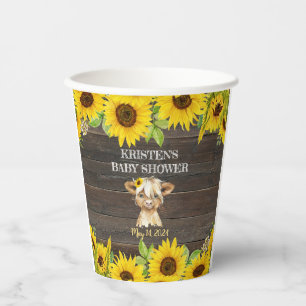 Gobelets En Papier Baby shower rustique de la vache de Sunflower High