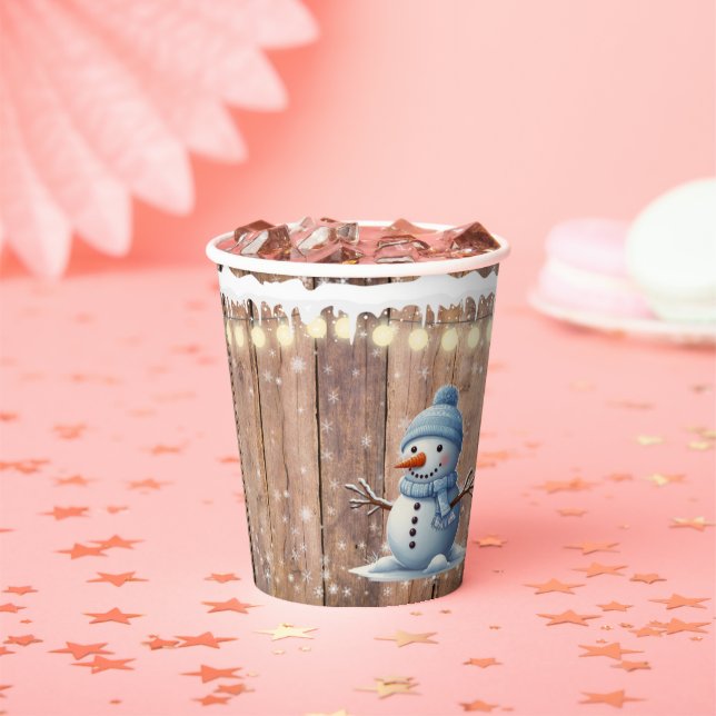 Gobelets En Papier Baby shower rustique moderne élégant Blue Snowman (Insitu)
