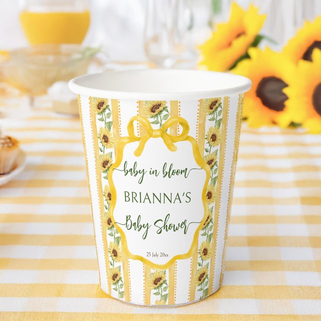 Gobelets En Papier Baby tournesol dans le baby shower en fleurs monog (Sunflowers baby in bloom baby shower monogrammed paper cups retro stripes personalized table decor)