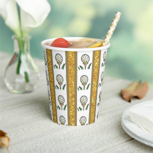 Gobelets En Papier Balles de golf sur Tee Gold Glitter et Blanc