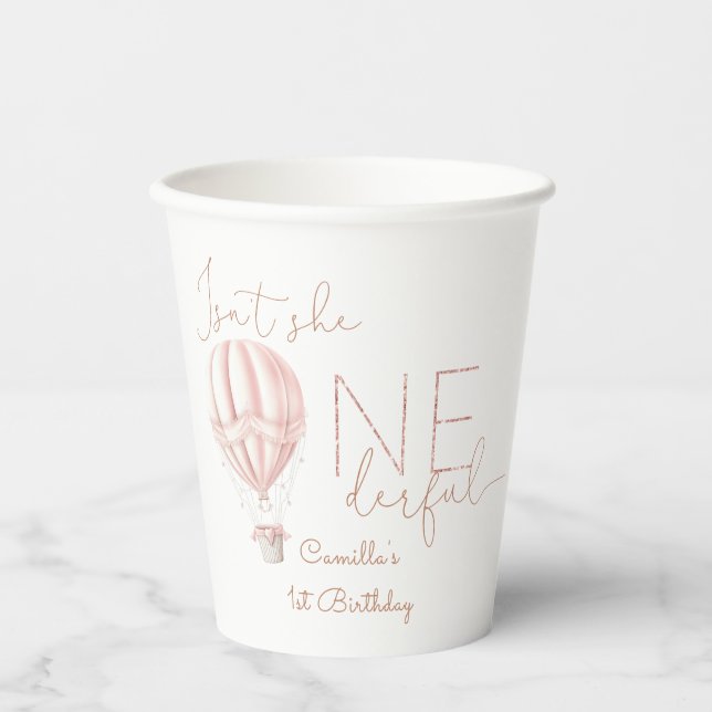 Gobelets En Papier Ballon à air chaud rose superbement fille 1er anni (Recto)