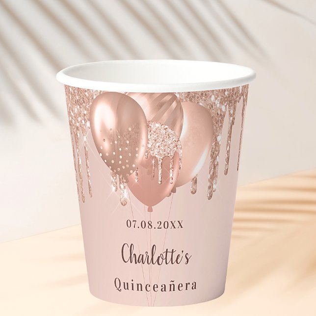 Gobelets En Papier Ballons de parties scintillant en or rose Quincean (Créateur téléchargé)