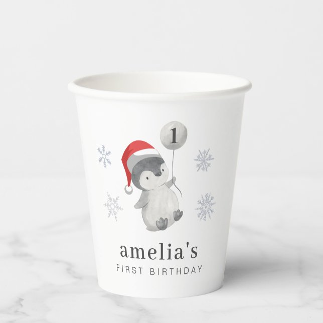 Gobelets En Papier Ballons de pingouin 1er anniversaire (Recto)
