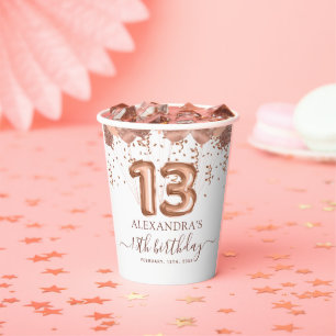 Gobelets En Papier Ballons d'or rose 13e fête d'anniversaire