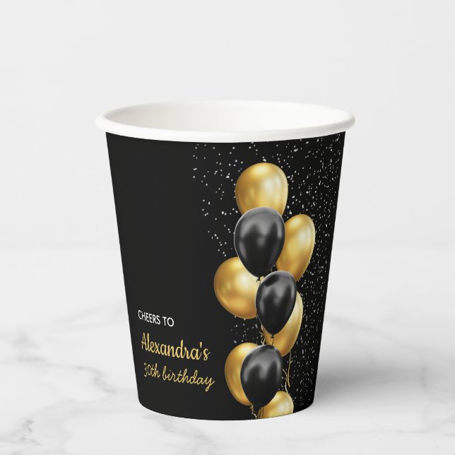 Gobelets En Papier Balloon Noir Or Chic À L'Anniversaire (Recto)