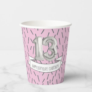 Gobelets En Papier Balloon rose et gris filles 13e fête d'anniversai