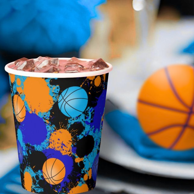 Gobelets En Papier Basket-ball Orange & Blue Paint Splatball Annivers (Créateur téléchargé)