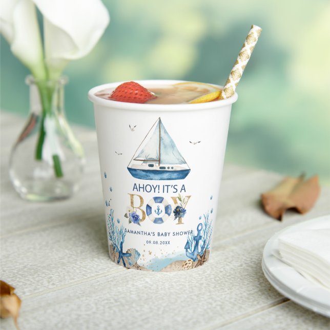 Gobelets En Papier Bateau bleu nautique Ahoy C'est un Baby shower gar (Insitu)