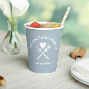 Gobelets En Papier BBQ Baby shower BABY-Q pour garçon bleu solide mod