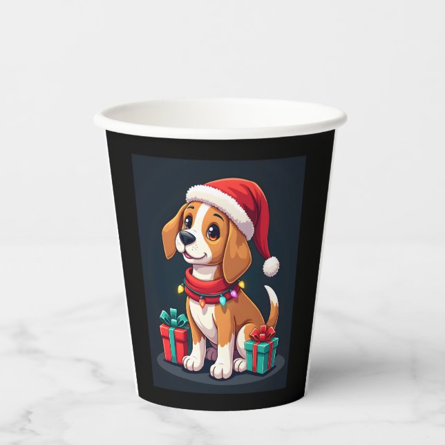 Gobelets En Papier Beagle Xmas Éclairage Père Noël Beagle Chien Noël  (Recto)