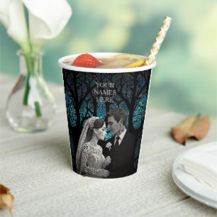 Gobelets En Papier Beau couple mariage sur un arbre de vie bleu
