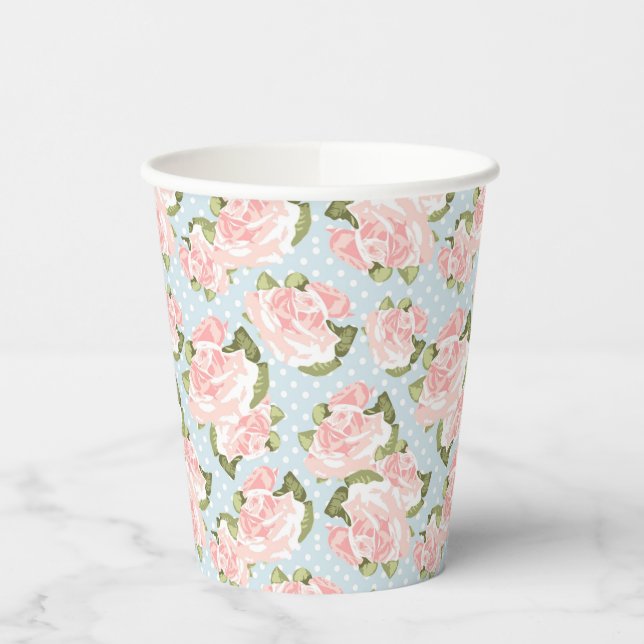 Gobelets En Papier Beau motif rose avec pois bleu (Gauche)