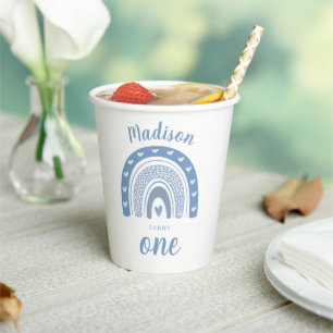 Gobelets En Papier Bébé mignon bleu arc-en-ciel Boho premier annivers