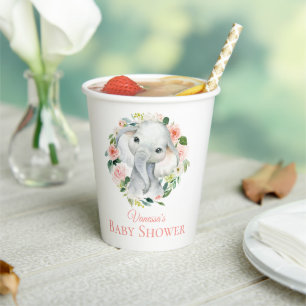 Gobelets En Papier Bébé mignon Eléphant rose Baby shower floral