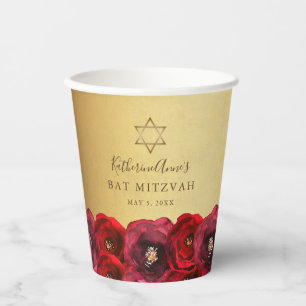 Gobelets En Papier Belle Bat Mitzvah Rose Rouge Florale Or