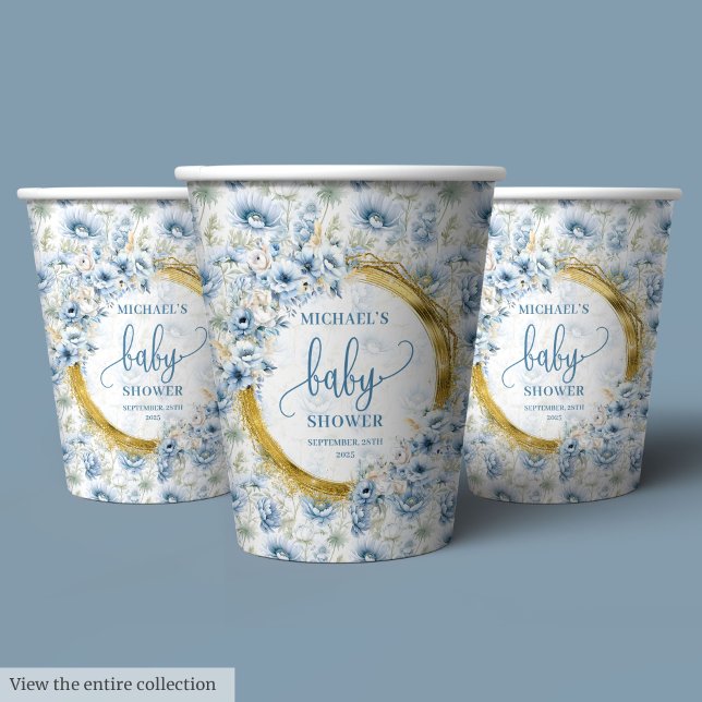 Gobelets En Papier Belle boho bleu poussiéreux fleurs or personnalisé (Lovely boho dusty blue flowers gold personalized Paper Cups)