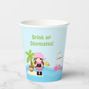Gobelets En Papier Belle Brunette Pirate Girl en rose fête d'annivers