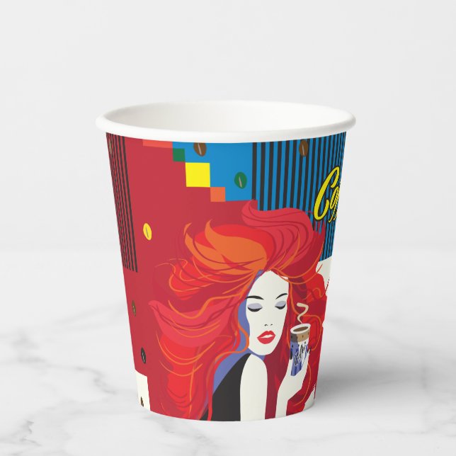 Gobelets En Papier "Belle Femme de mode avec Café Cup" Pop Art (Recto)