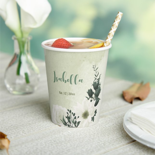 Gobelets En Papier Belle fleurs blanches feuilles verts (Insitu)