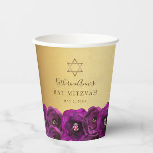 Gobelets En Papier Belle Rose Magenta Florale Or Couronne Bat Mitzvah