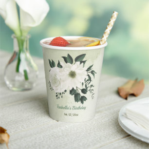 Gobelets En Papier Belles fleurs blanches feuilles vertes