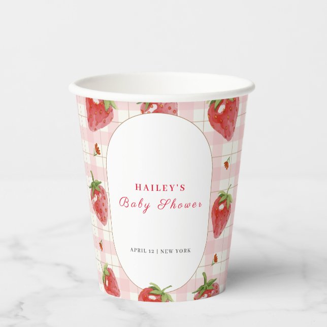 Gobelets En Papier Berry aux fraises roses En vichy Baby shower sucré (Recto)