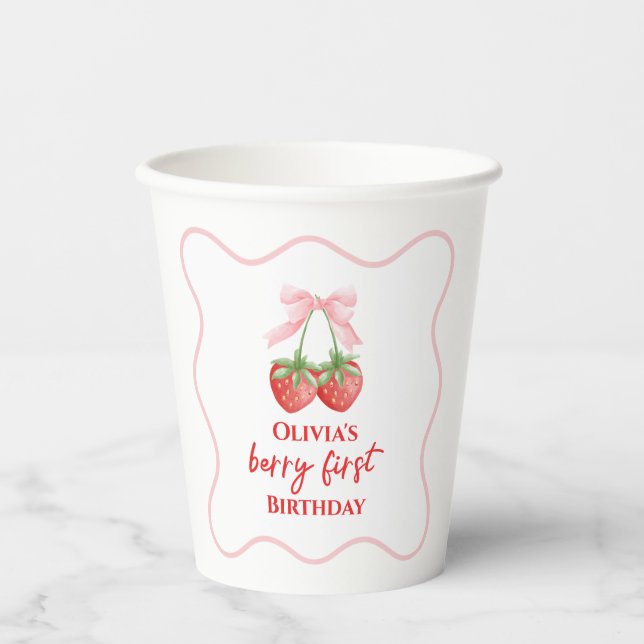 Gobelets En Papier Berry premier anniversaire de fraise Bow rose (Recto)