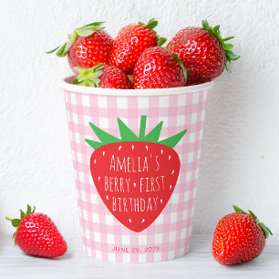 Gobelets En Papier Berry Premier Anniversaire Fille Fraise rose Plaid
