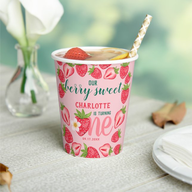 Gobelets En Papier Berry Sweet Strawberry Baby 1er anniversaire fête (Insitu)