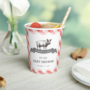 Gobelets En Papier Bibs & Ribs BBQ Gingham Rouge Rustique Baby Shower