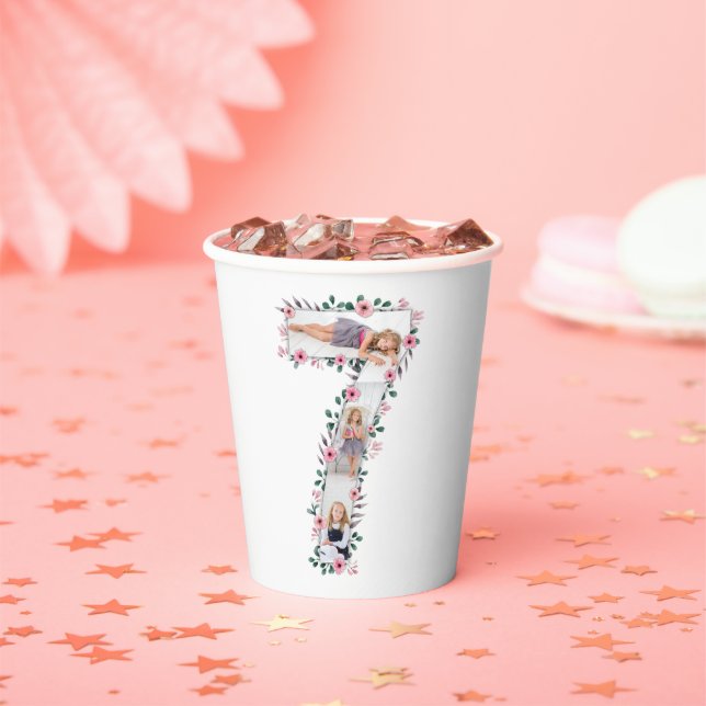 Gobelets En Papier Big 7th Birthday Girl Photo Collage Fleur rose (Insitu)