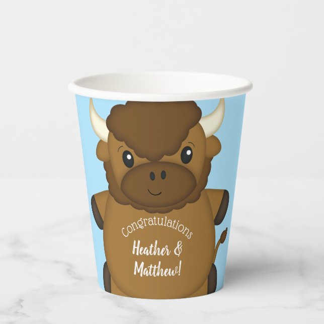 Gobelets En Papier Bison Buffalo Baby shower Bleu (Recto)